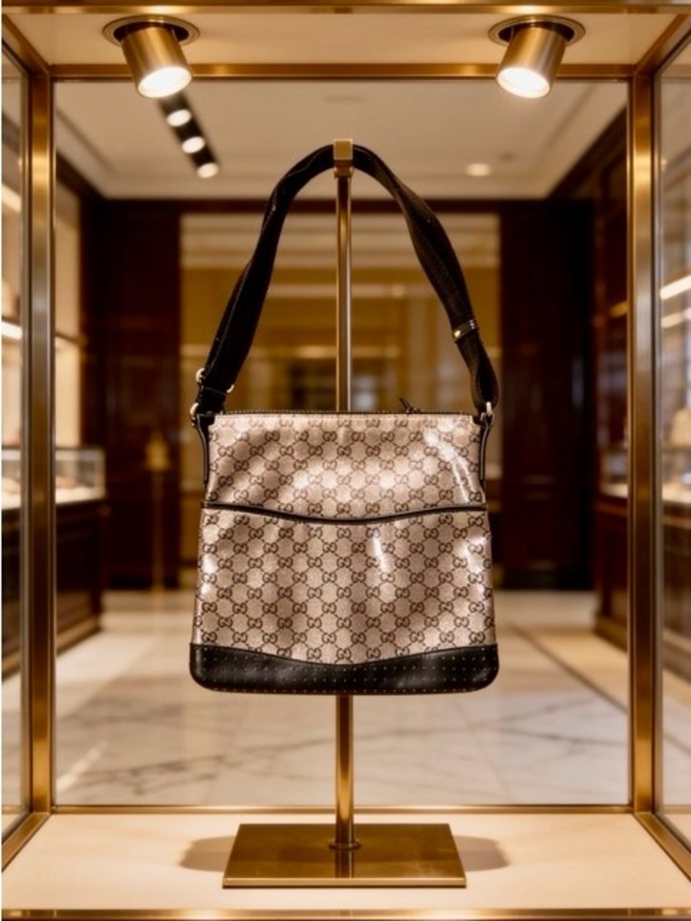 Gucci Glitter Gold/Black/Navy GG Canvas Messenger/Crossbody Bag with Black Trim